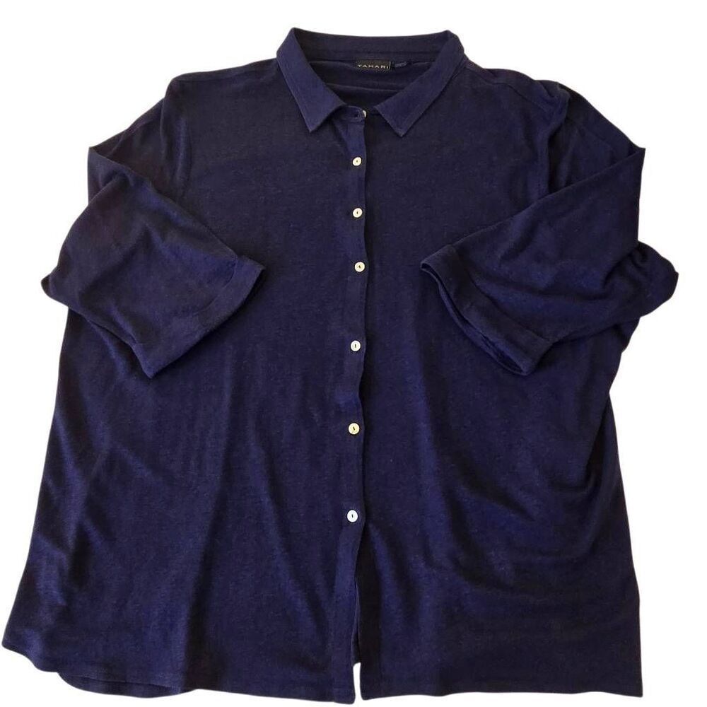 Tahari Womens Linen Blend Button Front 3/4 Sleeve Blouse Top Navy Blue Size 2X - Picture 4 of 11